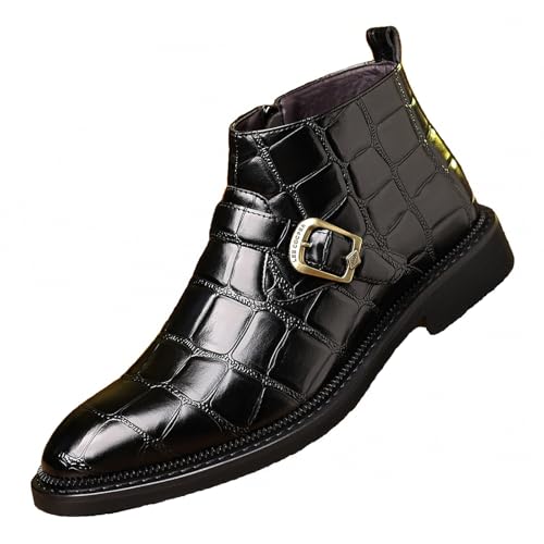 Image of Chelsea Boots for Men's Leather Print Monk Buckle Slip On Dress Boots with Side Zipper Fashion Pointed Toe Buckle Strap Classic Business Chukka Boots for Casual Work Party Oxford Booties