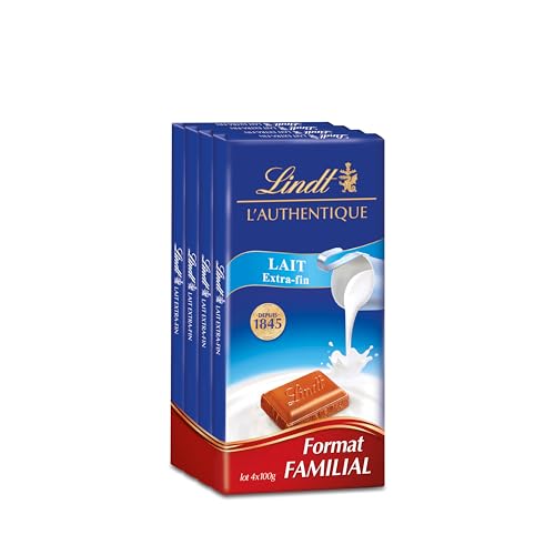 Lindt - Lot de 4 Tablettes L'AUTHENTIQUE - Chocolat au Lait Extra-fin, 4x100g