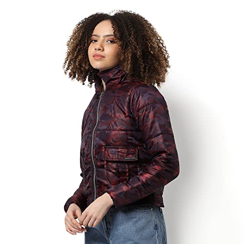 Image of Campus Sutra Women Red Camouflage Puffer Regular Fit Bomber Jacket For Winter Wear | Collared Neck | Full Sleeve | Zipper | Casual Jacket For Woman & Girl | Western Stylish Jacket For Women