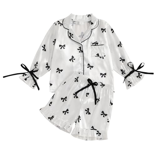 Qiylii Children Girls Satin Pajamas Soft Tie-Up Bowknot Ruffle Trim Silk Pajamas Kids Button-On Pjs Holiday Pajama Size 4-12