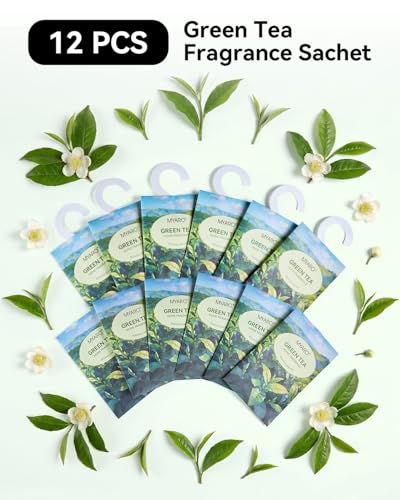Image of MYARO 12Pcs Green Tea Sachets Hanging Car Air Freshener, Closet Deodorizer | Long-Lasting Sachet Bags, Odor Eliminator for Closet, Drawer, Bathroom, Clothes, Fabric Refresher, Home Fragrance Gift Set