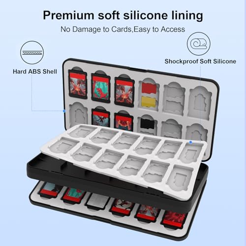 Image of QuoLumPIA 48 Game Card Case Compatible for Nintendo Switch 2 /OLED /Switch /Switch Lite, storage 48 Game Cards & 80 Micro SD cards, Black, hard shell, magnetic closure, soft silicone linning