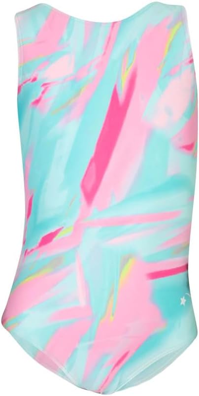 Destira Malibu Girls' Abstract Pastel Gymnastics Leotard with Blue, Pink and Green, Scrunchie Included -GIRLS/CHILD Sizes