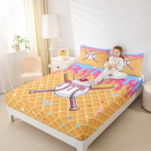 Image of Castle Fairy Baseball Cap Bed Sheets Queen Size,Ice Cream Cherry Plaid Print Bedding Set, Cute Sweet Sports Style Boys Girls Room Decor,Pink Yellow Sheet(Fitted+Flat+2 Pillowcases)