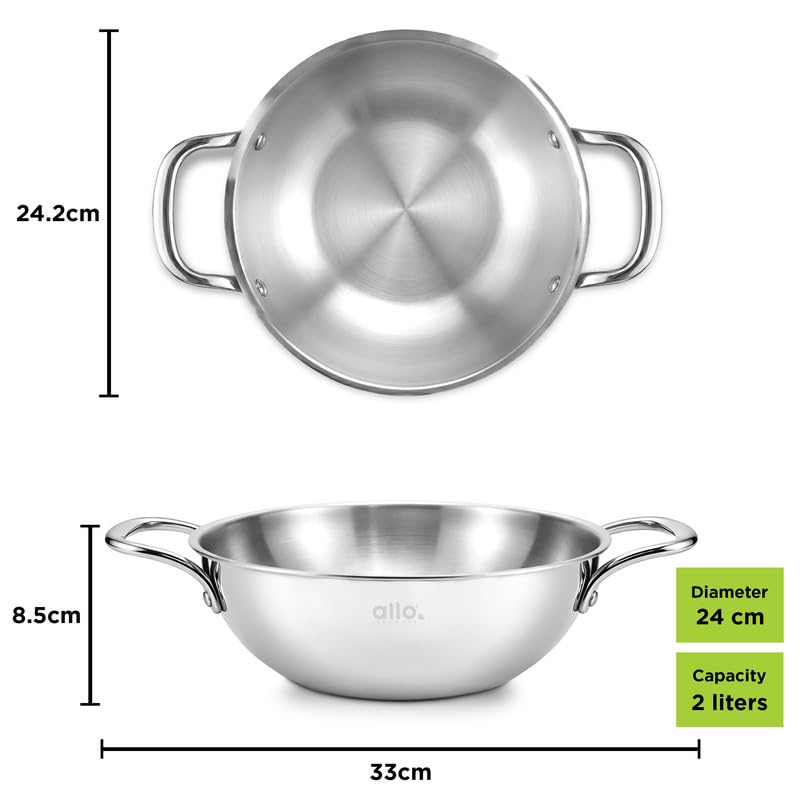 Image of Allo Triply Stainless Steel Kadhai with Handles|Perfect Kadhai for Curry /Stir-Fry /Deep-Fry /DryVeg /Saute Induction Friendly Naturally Non-Stick | 10 Years Warranty, Without lid