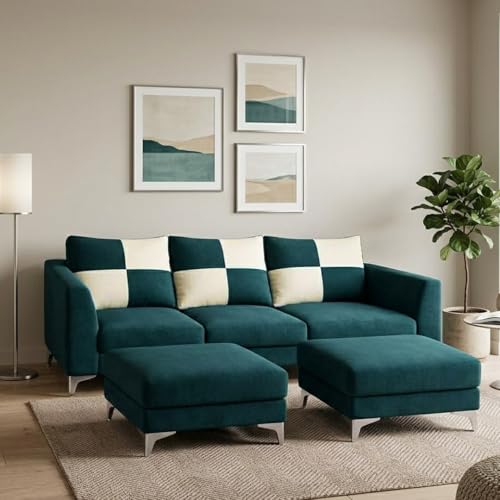 Image of Romiro 5 Seater L Shape Sofa Set with 2 Movable Ottomans | Flexible Layout | Rich Velvet Suede Fabric | Silver Legs | Modern Sofa for Living Room (Green Teal)