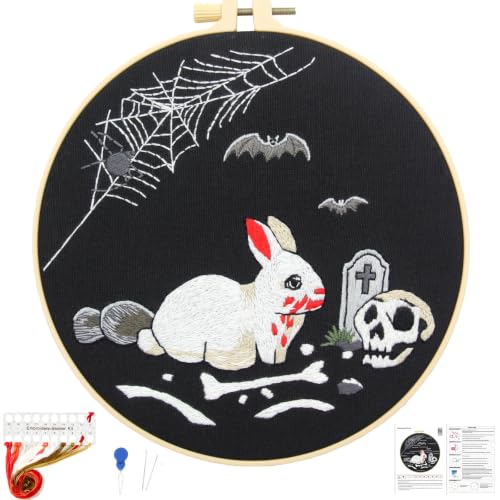 Image of Halloween Embroidery Kits for Beginners Adults, Gothic Rabbit Embroidery DIY Kit, Halloween Cross Stitch Kits Needlepoint Kits for Beginners Adults Woman Gifts, Embroidery Hoop, Thread, Video Tutorial