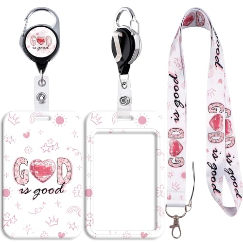 God is Good ' Lanyard ID Badge Card Holder with Retractable Badge Reel Carabiner Clip Neck Strap Key Lanyard Plastic Case Name Pass Sliding Badge Holder