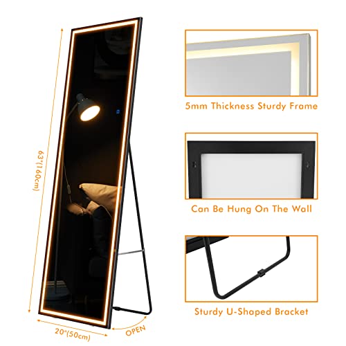 Bewitu 63"X20" Full Length Mirror With Led Lights, Free Standing Lighted Floor Mirror, Wall Mounted Hanging Mirror With Lights, Full Body Mirror For Bedroom With Dimming Lights & 3 Color Modes (Black) #TOP5