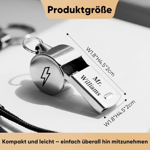 Trillerpfeife Personalisiert aus Edelstahl mit Wunschgravur & Schlüsselband, Schiedsrichter Pfeifen Laut Notfall mit Namen, Personalisierte Geschenke für Fußball Sport, Trainer, Schiedsrichter, Lehrer