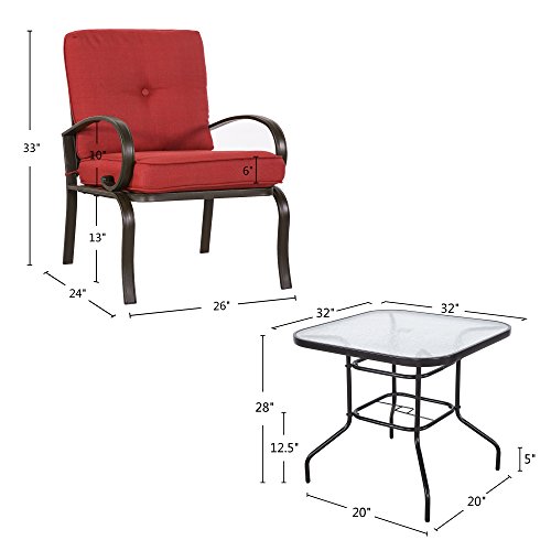 Finefind Patio Bistro Set 3 Piece Chair Set with 32" Tempered Glass Top Dining Table Outdoor Bistro Patio Furniture Bistro Set Wrought Iron Frame Thick Cushion Garden Yard Balcony (Brick Red)