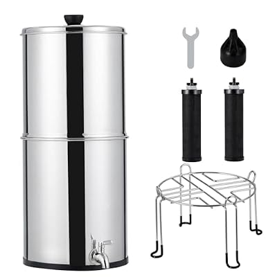2.25G Gravity-fed Water Filter System, 304 Stainless Steel Countertop Water Filtration System with 2 Filters and Stand Reduce 99% Chlorine for Home Camping RV Fishing