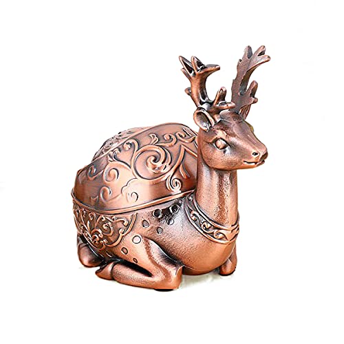 LIABI Deer Ashtray, Windproof Ashtray with Lid Portable Cigarette Odor Ashtrays Holder for Outdoor Indoor Smokers, Vintage Metal Desktop Smoking Tobacco Ash Tray for Home Office Decoration (RedCopper)
