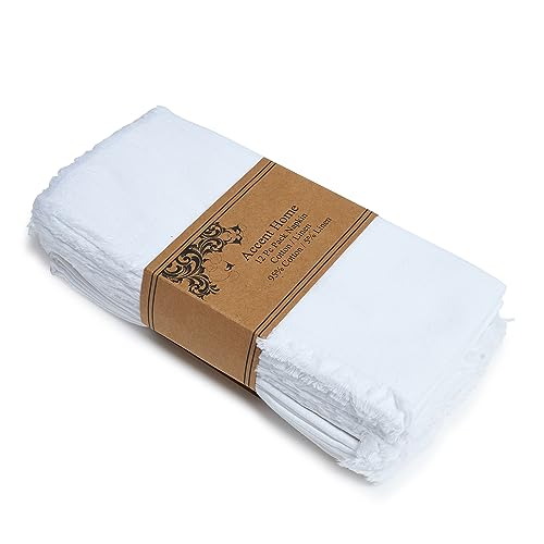 Image of ACCENTHOME White Cotton Linen Napkin Set of 12 18x18 inch Dinner Napkins - Washable Soft Premium Hotel Quality Reusable Hemmed Edges Napkins Perfect Table Linens for Family Dinners, Weddings