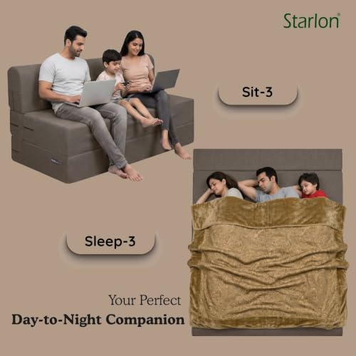 Image of Starlon 3 Seater Sofa Cum Bed Foldable 3-in-1 Sofa Bed with 1 Year Warranty, Washable Jute Fabric Cover | Guest Bed | Coffee Brown 6x6.5 Ft