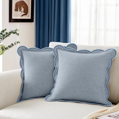 Ohocut Scalloped Pillow Cover Pack of 2 Spring Chenille Decorative Throw Pillow Covers Cute Boho Couch Pillow Covers Aesthetic Funky Preppy Pillow Cases for Sofa Living Room (Misty Blue 18x18 Inch)
