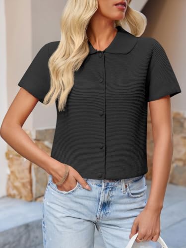Saodimallsu Womens Short Sleeve Cropped Cardigans Casual Summer Button Down Collared Lightweight Loose Knit Sweater Top Black2