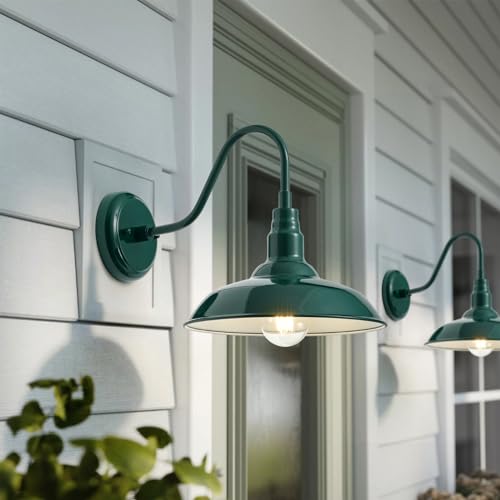Image of 10in Outdoor Gooseneck Barn Light Wall Mount, Green Exterior Farmhouse Porch Lights with White Interior Small Dome Outdoor Patio Gooseneck Wall Sconce Garage Lighting for House, Cabin