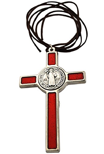 St. Benedict Crucifix With Round St. Benedict Medal Inlay | 3" Silver-Tone And Red Enamel Cross With Cord And Booklet | Patron Saint Of Students And Europe | Made In Italy #TOP4