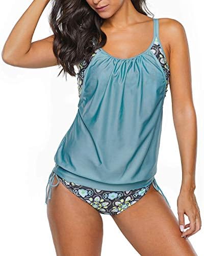 Zando Womens Tankini Swimsuits Sporty Double Up Slimming Tummy Control Swimwear Two Piece Bathing Suits For Women Athletic Swimsuits Ladies Swimsuits Maternity Swimwear Cute Green Blue X-Large