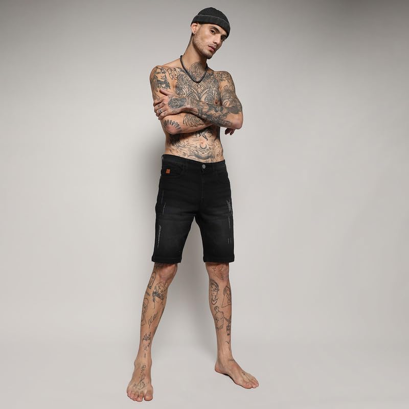 Image of CAHOOT Men's Side-Striped Denim Shorts for Casual Wear | Dark-Wash | Regular Fit | Button Closure | Denim Shorts Crafted with Comfort Fit for Everyday Wear