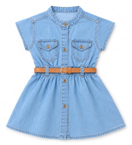 Image of Bold N Elegant Girl's Short Sleeve Front Open Stylish Cute Cotton Denim Dress Frock Tunic with PU Leather Belt and Pockets for Infant Toddler Baby Girls