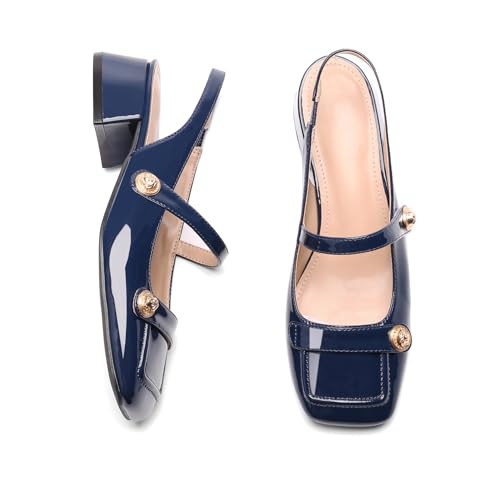 Image of Slingback Mary Jane Heels for Women Low Block Heel Closed Square Toe Pump Shoes Heels Classic Daily Office Dressy Shoes