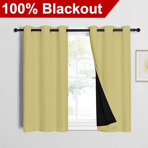 Image of NICETOWN 100% Blackout Short Curtains with Black Liners, 2 Panels, 37 inchW by 40 inchL, Paler Yellow, Solid Thermal Insulated Full Blackout 2-Layer Lined Drapes, Energy Efficiency Window Drapes for Bedroom
