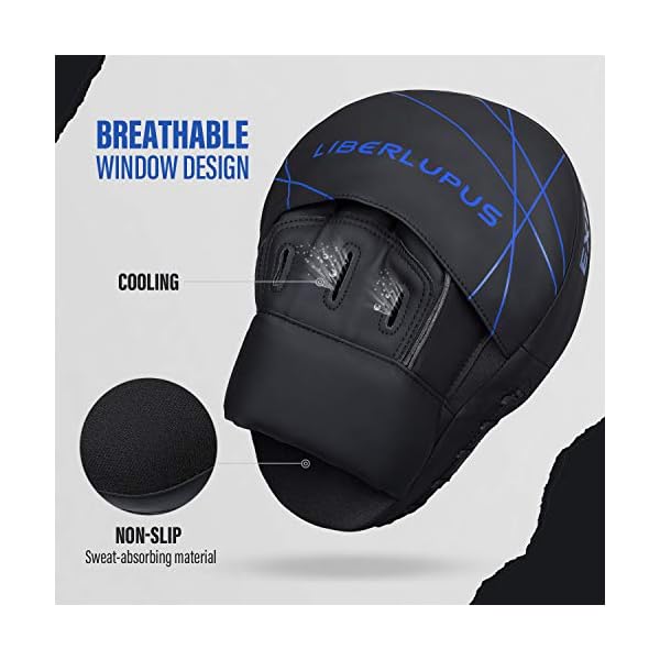 Liberlupus-Boxing-Punching-Mitts-Bags-Boxing-Training-Equipment-Hand-Target-Pads-with-Curved-Leather-Ideal-for-Martial-Arts-MMA-Muay-Thai-Kicking-Sparring-Karate-Men-Women Liberlupus Boxing Mitts for Training and Exercise Workout, Curved MMA Punching Mitts and Pads for Indoor Use, Thicken Padding Sparring Paddles for Kids Men Women, for Kickboxing Martial Arts Muay Thai (Blue)