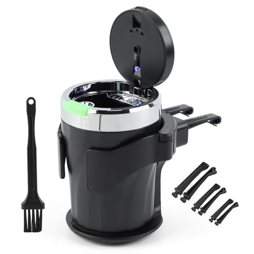 Geoyien Cenicero Coche con Tapa, Con Soporte y Cepillo de Limpieza, Luz LED Totalmente Automática, Sellada, Resistente a Altas Temperaturas, Desmontable, Gran Capacida