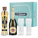 St-Germain Hugo Cocktail Kit con liquore ai fiori di sambuco 70cl / 700ml, Prosecco MARTINI 75cl / 750ml e due bicchieri St-Germain Hugo