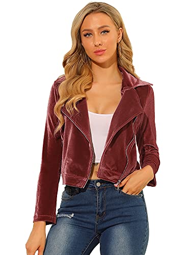 Allegra K Women's Velvet Jacket Fall Crop Zip Up Motorcycle Lapel Collar Winter Coat 2025