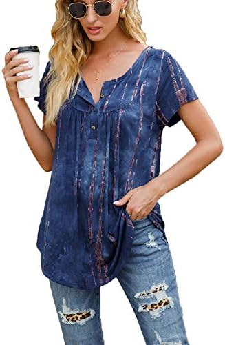 AMCLOS Womens Tops V Neck Soft T-Shirts Flowy Tunic Button up Casual Blouses Short Sleeve Summer(Tie Dye-Blue, XL)