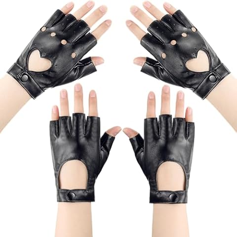 Giugu 2 Pairs Fingerless Faux Leather Gloves, Women Black Biker Punk Gloves Rivets Half Finger PU Leather Performance Gloves for Halloween Costumes, Dancing, Performance, Women and Kids Cover