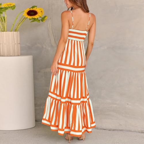 Image of Yuemengxuan Boho Maxi Dresses for Women Spaghetti Strap Flowy Smocked Long Dress Casual Summer Vacation Beach Maxi Dress