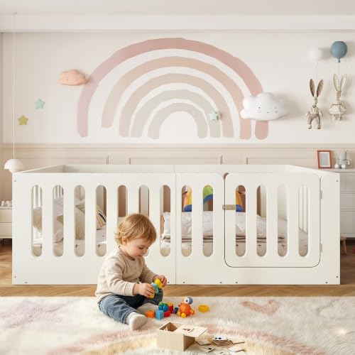 Image of Bellemave Full Montessori Floor Bed Frame,Beige | Solid wood kids montessori floor bed with high safety fence & door, low to ground design for girls and boys
