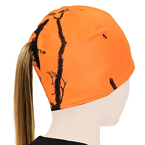 Edtrek Womens Reversible Teck Beanie Hat With Ponytail Hole - Windproof Fleece Winter Hat & Orange Hunting Hats (Black-Wildfire Camo), One Size #TOP2