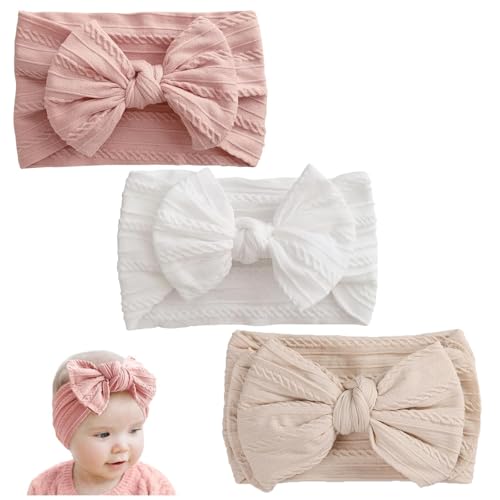 3 Stück Stirnband Baby Mädchen Elastische Baby Haarband Nylon Weiche Haarband Mädchen Stirnbandfür Neugeborene Kleinkinder (Rosa und Weiß und Beige)