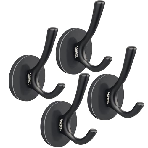 ULIBERMAGNET Lot de 4 crochets doubles magnétiques puissants - Robustes - Crochets magnétiques en caoutchouc - Grands crochets pour manteau, robe, serviette, chapeau de clés (noir)