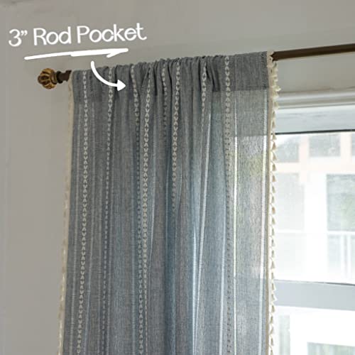 Colorigan Boho Semi Blackout 63 84 96 Inches Length 2 Panels Set Farmhouse Window Curtains With Tassels, Striped Embroidered Rustic Cotton Linen Long Bohemian Curtain Drapes For Living Room, Bedroom #TOP5