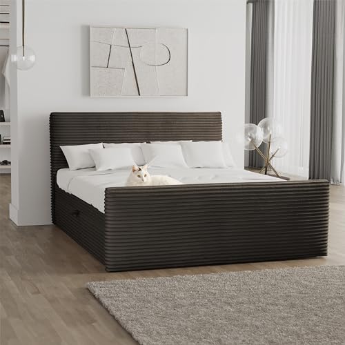 Kaiser Möbel - Bett 200x200 cm, Boxspringbett mit Bettkasten und Topper, Cord Schlafzimmerbett, Doppelbett mit Stauraum und Gepolstertes Kopfteil, Toppermatratze aus Viscoschaum - Trento - Braun