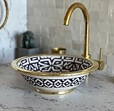 MIRATILE Handmade Moroccan Ceramic Sink, Hand painted Vessel Sink with Brass Rim Edge, Ceramic Countertop Bathroom Vanity Vessel Sink, Farmhouse Vanity Sink Bowl (8
