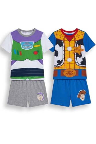 Disney Toy Story Boys Short Pyjamas 2 Pack - 2 Piece Short Sleeve T-Shirts And Matching Shorts Pull On Fit Elasticated Waist Buzz Lightyear And Woody Graphic Sleepwear Blue