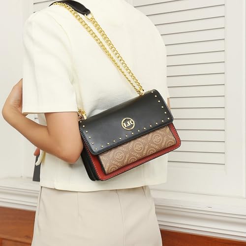 Image of Diva Dale MKF Crossbody Bag, White with Gold Chain Strap, Studded Design, Signature Logo