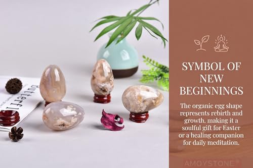 Image of AMOYSTONE Sakura Agate Egg 1.9-2.3 inch Mini Pocket Stone with Wood Stand for Spiritual Growth - Natural Flower Inclusion Specimen, Pocket Gift for Collectors 3.9oz