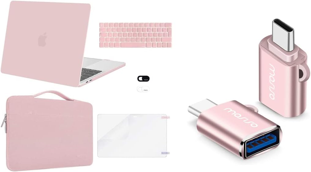 MOSISO Compatible with MacBook Pro 13 inch 2016-2023 M2 A2338 M1 A2289 A2251 A2159 A1989 A1706 A1708,Plastic Hard Shell Case&Bag&USB C to USB Adapter,Thunderbolt 3 to USB 3.0 Converter,Rose Gold