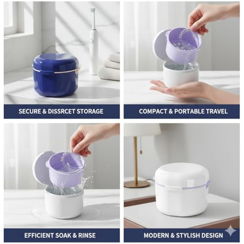 Praktische Prothesenbox, 2er Set, für Zahnersatz, mit Reinigungsbecken, umweltfreundlich, leicht, für Zuhause & Reisen, 9.6 x 8.8 x 7 cm, für Zahnprothesen, Zahnspangen und Mundschutz