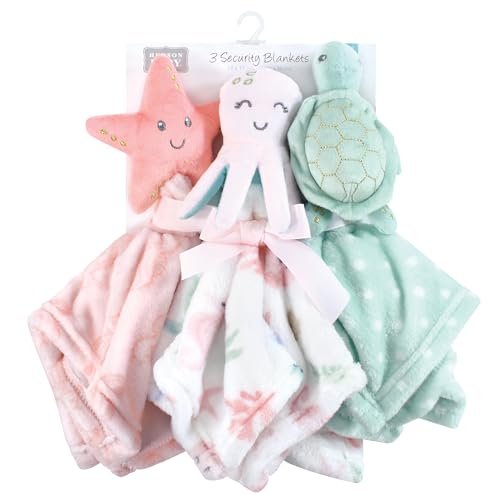 Image of Hudson Baby Unisex Baby Animal Face Security Blanket, Pastel Sea 3-Pack, One Size