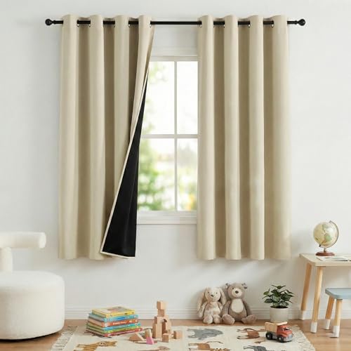 NICETOWN 100% Blackout Curtains for Bedroom,Thermal Insulated Window Curtains 63 Inch Length 2 Panels Set,Grommet Top Drapes for Living Room,52" W x 63" L,Cream by NICETOWN - Used condition - CA$29.63