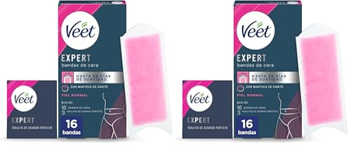 Veet Expert Bandas de Cera Fría Depilatoria para Depilación de Ingles, Área del Bikini, con Manteca de Karité, 16 tiras (Paquete de 2)